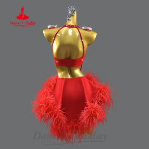 Dance Dress Women's Royal Blue Rhinestone Feather Fringe Latin Ballroom Dance Costume