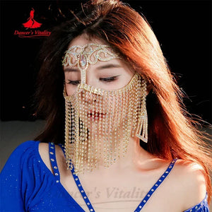 Belly Dance Face Veil Mask, Women's Gold Sparkly Rhinestone Tassel Headpiece, Egyptian Dance Jewelry Accessory