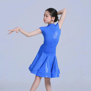Kids Girls Latin Dance Dress, Short Sleeve Shiny Pleated Skirt Ballroom Salsa Rumba Dancewear