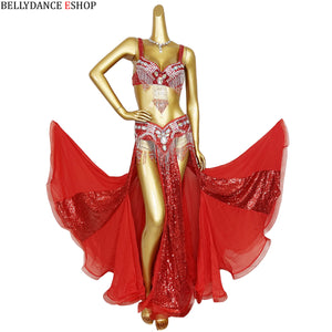 Belly Dance Costume Women Yellow & Gold Sequin Chiffon Bra Belt Skirt Set with Rhinestone Fringe