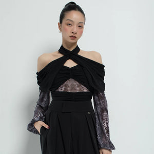 Women's Black Halter Off-Shoulder Ruched Mesh Top with Zebra Print Sleeves, Contemporary Dance