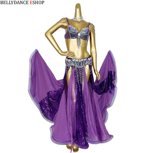 Belly Dance Costume Women Blue Sequin Chiffon Bra Belt Skirt Set with Shoulder Chains and Rhinestone Choker for Belly Dancing
