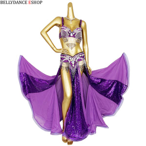 Belly Dance Costume Women Yellow & Gold Sequin Chiffon Bra Belt Skirt Set with Rhinestone Fringe