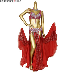 Belly Dance Costume Women Blue Sequin Chiffon Bra Belt Skirt Set with Shoulder Chains and Rhinestone Choker for Belly Dancing