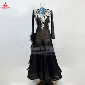 Ballroom Competition Dress With Long Sleeves V-Back For Waltz Foxtrot Quickstep Custom Adult & Child