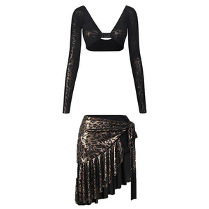 Women's Black Glitter Long Sleeve Crop Top and Leopard Print Ruffle Skirt Latin Dancewear, Women's Burgundy Glitter Long Sleeve Crop Top and Leopard Print Ruffle Skirt Latin Dancewear, Women's Gold Glitter Long Sleeve Crop Top and Leopard Print Ruffle Ski