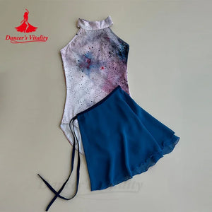 Dance Leotard and Skirt Set, Women's, White/Multi-color, Halter Neck Watercolor Print Leotard, Pleated Chiffon Skirt, Ballet/Lyrical Dance