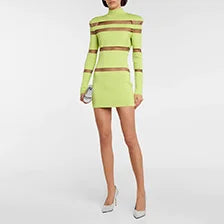 Elegant Long Sleeve Lime Green Dress with Sheer Brown Stripes