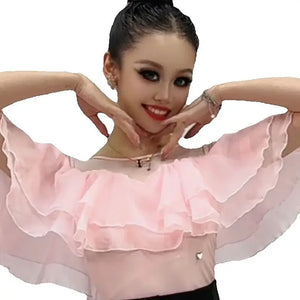 Women's Pink Ruffle Off-Shoulder Sheer Mesh Dance Top - Ballroom