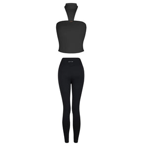 Women's Black Strapless Halter Neck Unitard with High-Waist Leggings, Stretch Fabric, Latin Ballroom Dance