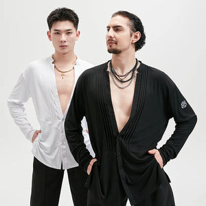 Men's White & Black Pleated V-Neck Long Sleeve Button-Down Dance Shirt