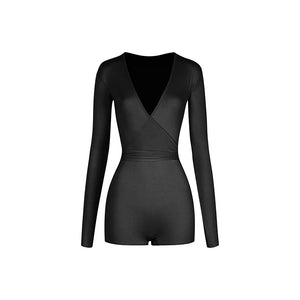 Women's Pink V-Neck Long Sleeve Bodysuit with Ruffled Sequin Wrap Skirt Latin Dance Dress