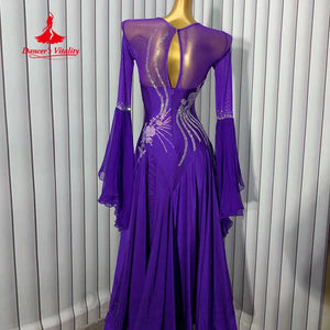 Women's Ballroom Dance Dress With Rhinestone Embellishment Long Sleeves And Fishtail Hem For Performance