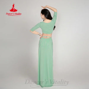 Belly Dance Costume Women Light Green V-Neck Crop Top with Half Sleeves and High-Slit Maxi Skirt with Rhinestone Fringe