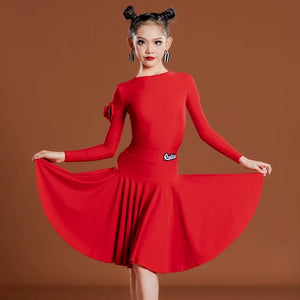 Girls Latin Dance Dress, Long Sleeve, Pleated Skirt, Ballroom Performance Costume