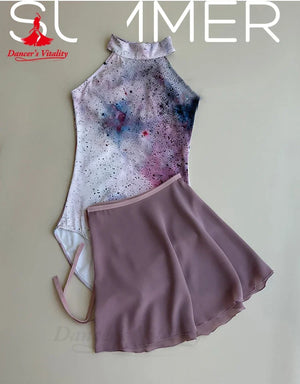 Dance Leotard and Skirt Set, Women's, White/Multi-color, Halter Neck Watercolor Print Leotard, Pleated Chiffon Skirt, Ballet/Lyrical Dance