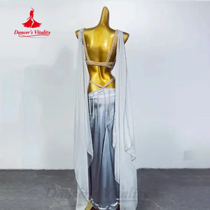 Women's Silver Sequin Beaded Cutout Fringe Satin Belly Dance Dress with Sheer Cape