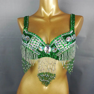 Women's Black Sequin Beaded Fringe Belly Dance Bra Top