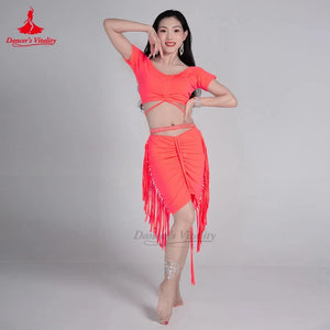 Belly Dance Costume Women's Neon Green Short Sleeve Crop Top with Criss-Cross Straps and Ruched Fringe Skirt
