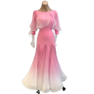 Ballroom Dance Dress Women Pink Ombre Chiffon & Spandex Long Sleeve Cape Back Ribbon Tie Standard Smooth Foxtrot Waltz Tango