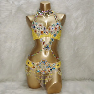 Women's Blue Embellished Halter Neck Sequin & Beaded Belly Dance Costume