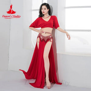 Belly Dance Costume Women's Emerald Green V-Neck Crop Top with Short Sleeves, High Slit Skirt, and Rhinestone Fringe Hip Scarf Set for Performance