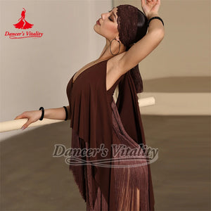 Latin Dance Dress Women Brown Fringe Sleeveless Sheer Mesh Back Standard Rumba Cha-Cha Samba Tango Ballroom Performance Costume