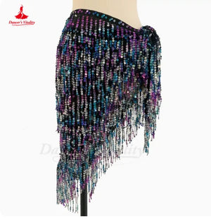 Belly Dance Hip Scarf, Women's Green Sequin Tassel Fringe Wrap Skirt, Asymmetrical Latin Dance Belt