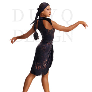 Latin Dance Dress Women's Black & Bronze Halter Fringe Skirt Set Rumba Samba Cha-Cha Ballroom