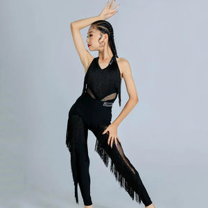 Kids Girls Blue Fringe Latin Dance Jumpsuit, Black Halter Mesh Fringe Dance Jumpsuit, Kids Girls Pink Fringe Latin Dance Jumpsuit