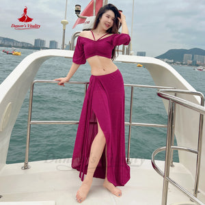 Women's Purple Sparkle Shimmer Ruched Crop Top & Flowy Skirt Set for Belly Dance