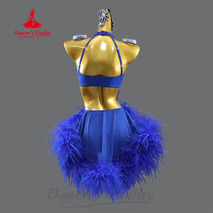 Dance Dress Women's Royal Blue Rhinestone Feather Fringe Latin Ballroom Dance Costume