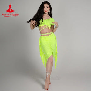Girls' Belly Dance 2-Piece Costume Set With V-Neck Short-Sleeve Top And Tassel Skirt For Training