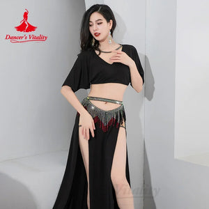 Belly Dance Costume Women's Emerald Green V-Neck Crop Top with Short Sleeves, High Slit Skirt, and Rhinestone Fringe Hip Scarf Set for Performance