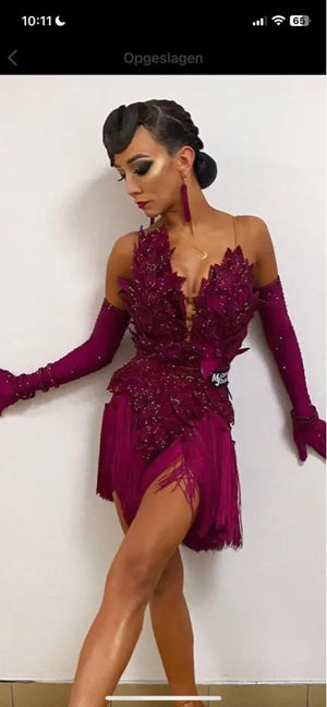 Women's Magenta Latin Ballroom Dance Dress with Fringe, Feathered Bodice, and Arm Sleeves