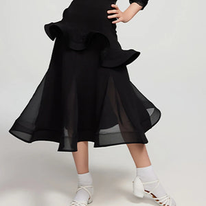 Kids Girls Black Sheer Lace Long Sleeve Ballroom Latin Dance Dress with Ruffled Skirt