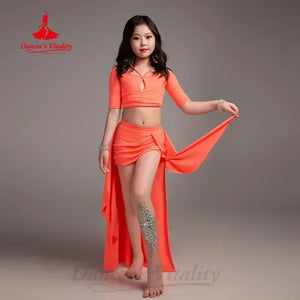 Kids Girls Orange Belly Dance Costume Set with Flowy Skirt and Rhinestone Leg Decal