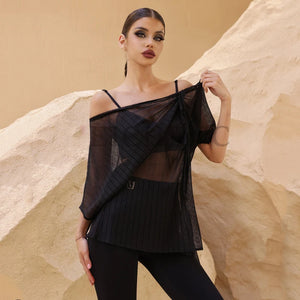 Women's Black Sheer Pleated Off-Shoulder Dance Top with Spaghetti Straps