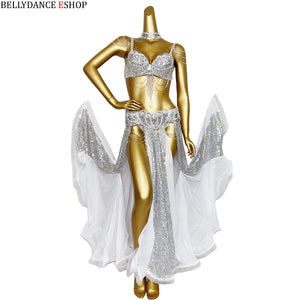 Belly Dance Costume Women Blue Sequin Chiffon Bra Belt Skirt Set with Shoulder Chains and Rhinestone Choker for Belly Dancing
