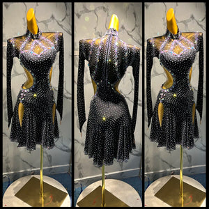 Latin Dance Dress Women Black Rhinestone Cut-Out Long Sleeve Mini Dress with Slits Ballroom Salsa Rumba Performance Costume