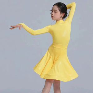 Kids Girls Latin Dance Dress, Short Sleeve Shiny Pleated Skirt Ballroom Salsa Rumba Dancewear