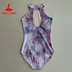 Dance Leotard and Skirt Set, Women's, White/Multi-color, Halter Neck Watercolor Print Leotard, Pleated Chiffon Skirt, Ballet/Lyrical Dance