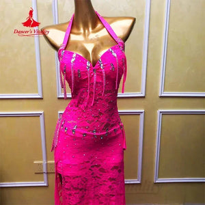 Women's Hot Pink Lace Halter Neck Rumba Latin Dance Dress with Slit & Fringe Detail