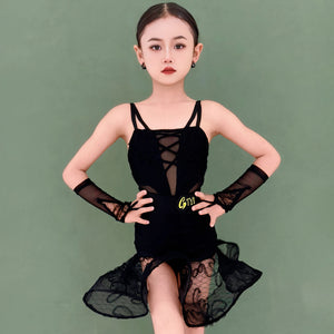 Girls Pink Lace Floral Mesh Latin Dance Dress with Arm Sleeves and Skirt Ruffle