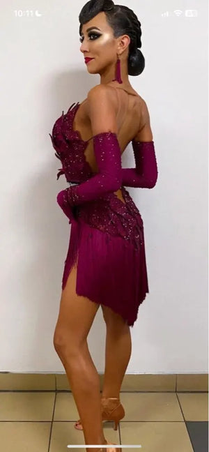 Women's Magenta Latin Ballroom Dance Dress with Fringe, Feathered Bodice, and Arm Sleeves