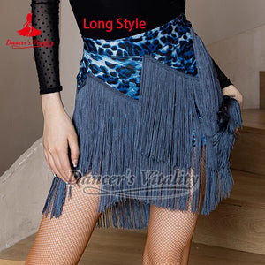 Women's Black/Gray/White Fringe Latin Dance Skirt with Fishnet Tights, Asymmetrical Design, Ballroom Rumba Cha Cha Samba Tango