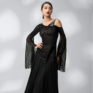 Ballroom Dance Dress Women Black Sheer Chiffon Velvet Leaf Print Pleated Long Sleeve Modern Waltz Foxtrot Tango