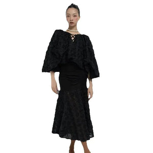Women's Black Ruffled V-Neck Top and Ruched Ruffle Hem Skirt Latin Dance Dress