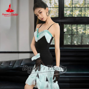 Women's Black & Aqua Fringe Latin Dance Dress with Spaghetti Straps