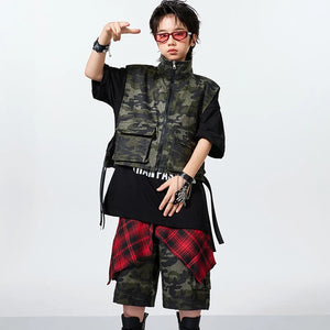 Kids Camouflage Hip Hop Dance Vest & Shorts Set, Black/Green/Red/White Cotton Blend, Street Dance